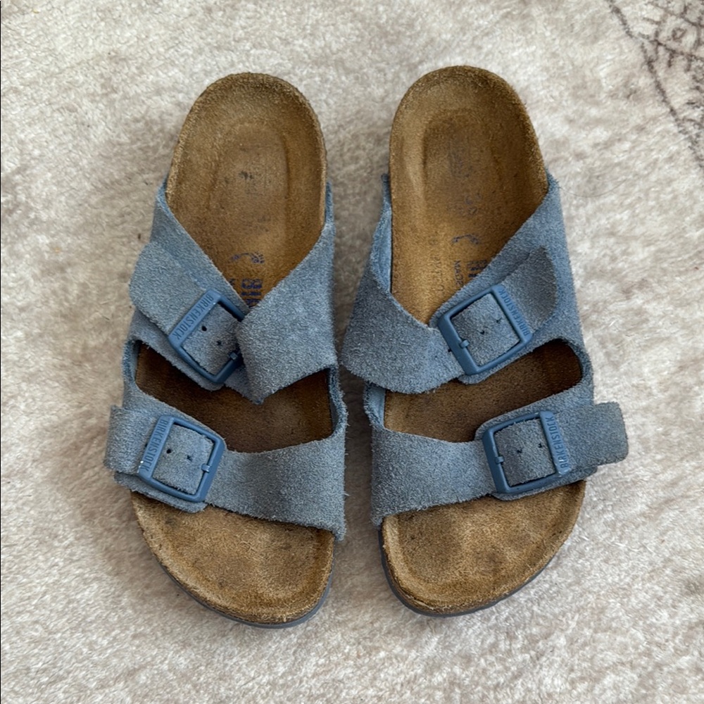 Birkenstock Suede Double Strap Sandals in Dusty Blue